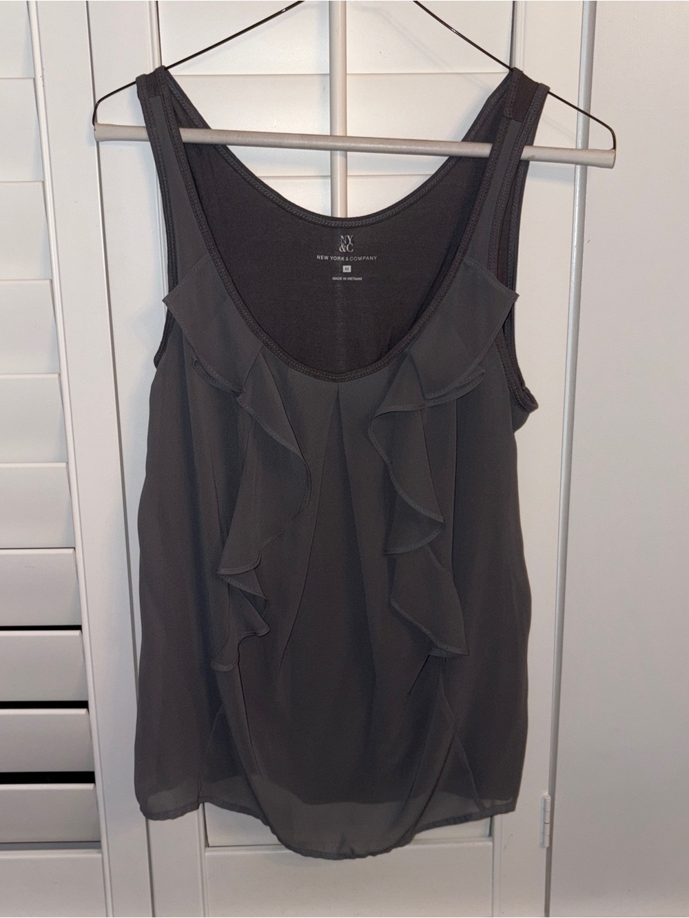 New York & Company Charcoal Ruffle Front Tank